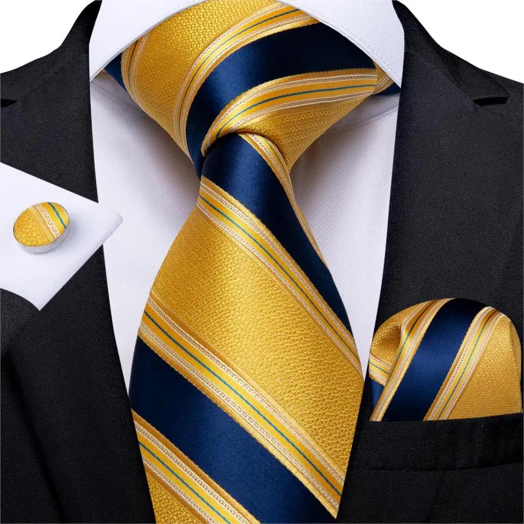 Fashion Men Tie Yellow Blue Striped Silk Wedding Tie For Men Hanky Cufflink Gift Tie Set DiBanGu Novelty Design Busi
